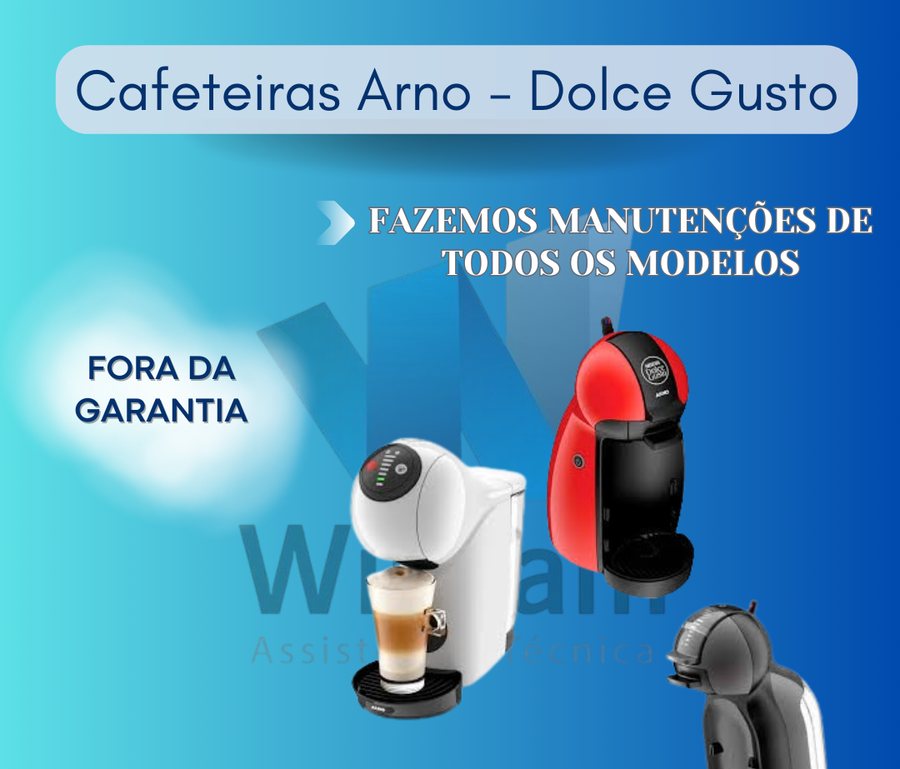 Arte de divulgação da Willcam sobre manutenção de cafeteiras Arno e Dolce Gusto