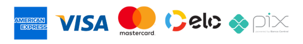 Formas de pagamento aceitas: American Express, Visa, Mastercard, Elo e Pix